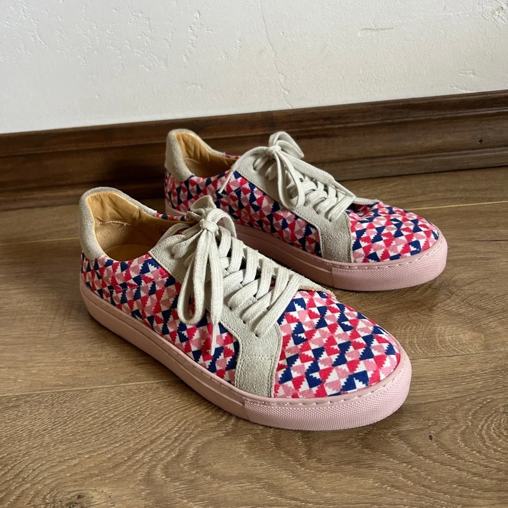 Penelope Chilvers Sneakers pink, blue, and white geometric pattern